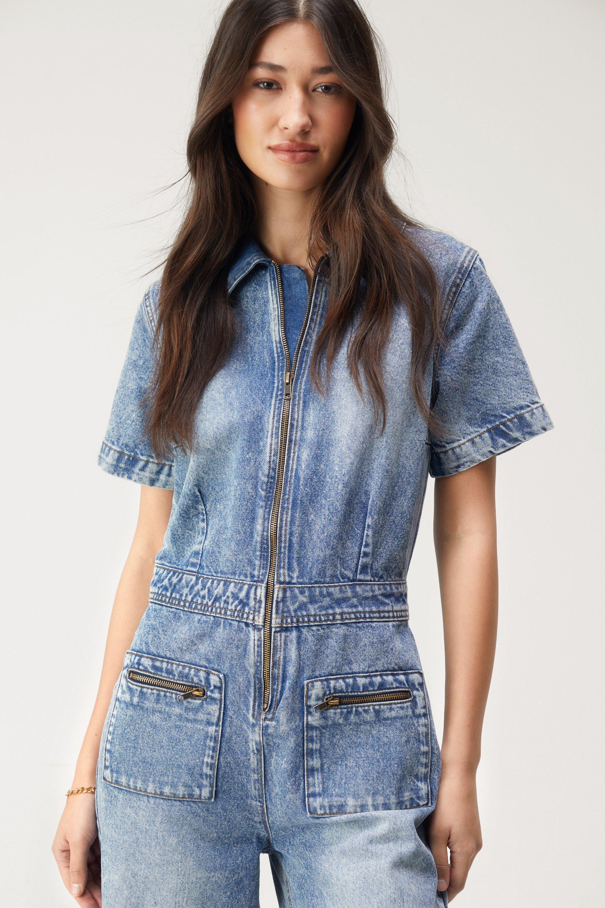 Women's petite hot sale denim jumpsuit